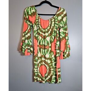 Voom by Joy Han Tie Dye Ruffle Sleeve Mini Dress Green Coral Boho Small D-8519